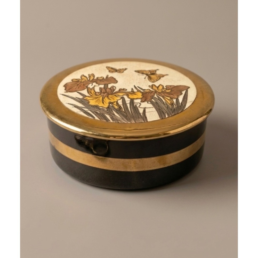 Art of Chokin Japanese Trinket Box 24K Gold Silver Gilded Iris Butterfly Black